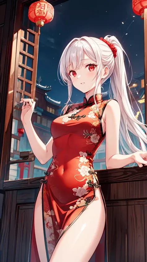 masterpiece,best quality,highres,illustration,hyper detailed,8k cg wallpaper,ray tracing,((white hair:1.2)),((long hair:1.2)),((red eyes:1.2)),((straight hair:1.2)),medium breasts,(hiten1:0.8),<lora:add_detail:1>,((china dress:1.2)),((sleeveless:1.2)),cowboy shot,ponytail,cleavage,