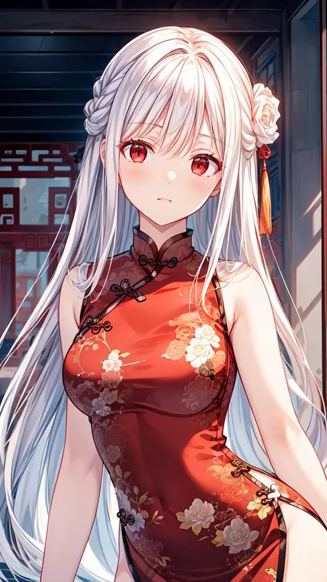 masterpiece,best quality,highres,illustration,hyper detailed,8k cg wallpaper,ray tracing,((white hair:1.2)),((long hair:1.2)),((red eyes:1.2)),((straight hair:1.2)),medium breasts,(hiten1:0.8),<lora:add_detail:1>,((china dress:1.2)),((sleeveless:1.2)),