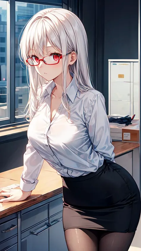 masterpiece,best quality,highres,illustration,hyper detailed,8k cg wallpaper,ray tracing,((white hair:1.2)),((long hair:1.2)),((red eyes:1.2)),((straight hair:1.2)),medium breasts,(hiten1:0.8),<lora:add_detail:1>,((white shirt:1.2)),((business suit:1.2)),((pencil skirt:1.2)),((black pantyhose:1.2)),((glasses:1.2)),((office lady:1.1)),leaning forward,office,simple background,((table:1.2)),((arm support:1.2)),