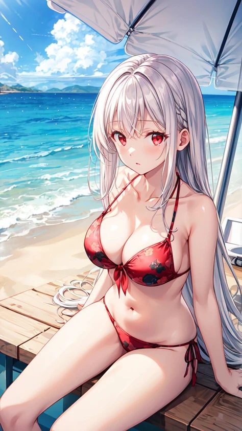masterpiece,best quality,highres,illustration,hyper detailed,8k cg wallpaper,ray tracing,((white hair:1.2)),((long hair:1.2)),((red eyes:1.2)),((straight hair:1.2)),medium breasts,(hiten1:0.8),<lora:add_detail:1>,sitting,bikini,from above,beach,cleavage,cowboy shot,