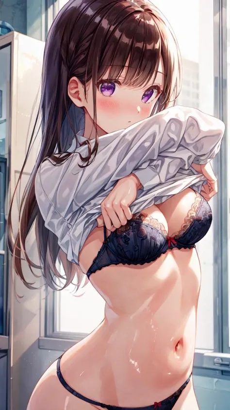 masterpiece,best quality,highres,illustration,hyper detailed,8k cg wallpaper,ray tracing,(( brown hair:1.2)),((long hair:1.2)),((purple eyes:1.2)),((straight hair:1.2)),medium breasts,(hiten1:0.8),<lora:add_detail:1>,((undressing:1.3)),lace-trimmed bra,lace-trimmed panties,((shirt lift:1.2)),((blush:1.1)),((shiny skin:1.2)),<lora:ShinyOiledSkin_v20-LyCORIS:1>,<lora:Concept_Undressing:1>,