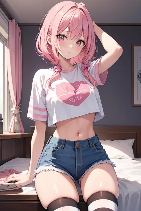 (masterpiece, best quality), 1girl, pink hair, crop top, denim shorts, bedroom, striped thighhighs,