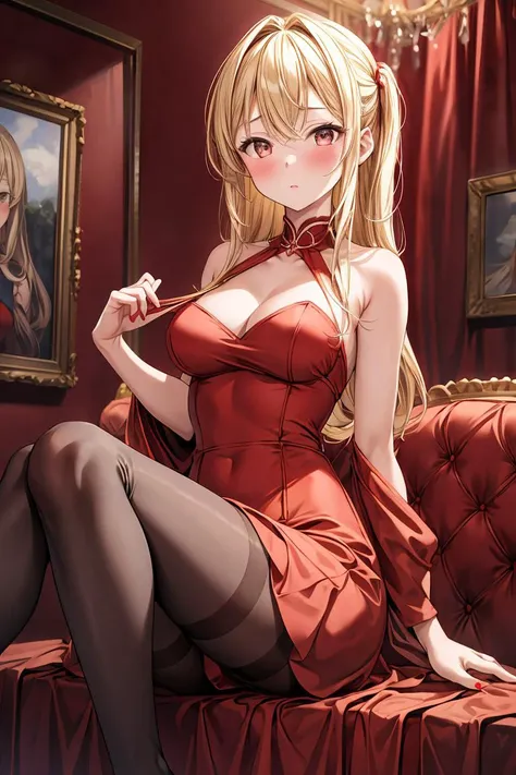 1girl, solo,red theme,looking at viewer,large breasts,portrait,from side,bad-girl,((mature female))