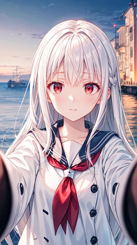 masterpiece,best quality,highres,illustration,hyper detailed,8k cg wallpaper,ray tracing,((white hair:1.2)),((long hair:1.2)),((red eyes:1.2)),((straight hair:1.2)),medium breasts,(hiten1:0.8),<lora:add_detail:1>,((pov cheek warming:1.3)),((reaching towards viewer:1.3)),<lora:pov_cheek_warming:1.1>,((white shirt:1.1)),((sailor collar:1.1)),((long sleeves:1.1)),