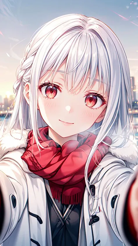 masterpiece,best quality,highres,illustration,hyper detailed,8k cg wallpaper,ray tracing,((white hair:1.2)),((long hair:1.2)),((red eyes:1.2)),((straight hair:1.2)),medium breasts,(hiten1:0.8),<lora:add_detail:1>,((pov cheek warming:1.2)),((white coat:1.2)),((red scarf:1.1)),((reaching towards viewer:1.2)),<lora:pov_cheek_warming:1>,((light smile:1.1)),((head tilt:1.1)),