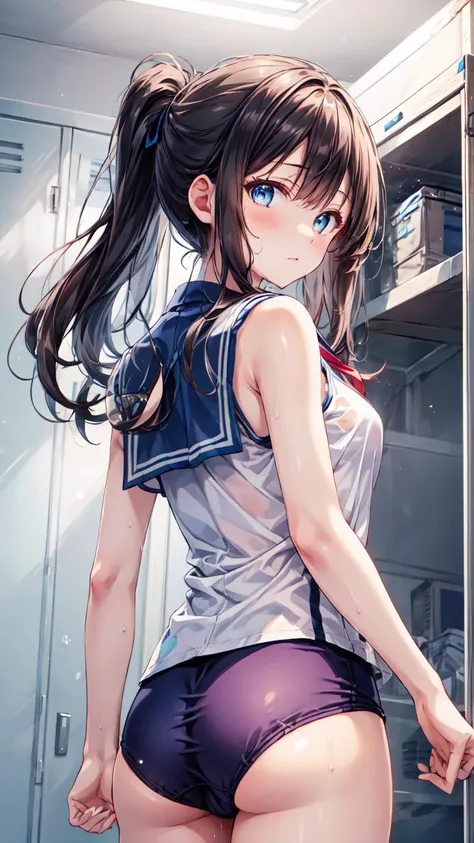 masterpiece,best quality,highres,illustration,hyper detailed,8k cg wallpaper,ray tracing,((black hair:1.2)),((long hair:1.2)),((blue eyes:1.1)),((straight hair:1.2)),medium breasts,(hiten1:0.8),<lora:add_detail:1>,((slskmz sleeveless:1.2)),((slskmz short:1.2)),<lora:slskmz_v2:0.3>,Sailor School Swimsuit,locker room,from behind,looking back,ponytail,wet,<lora:locker_room_v0.1:1>,