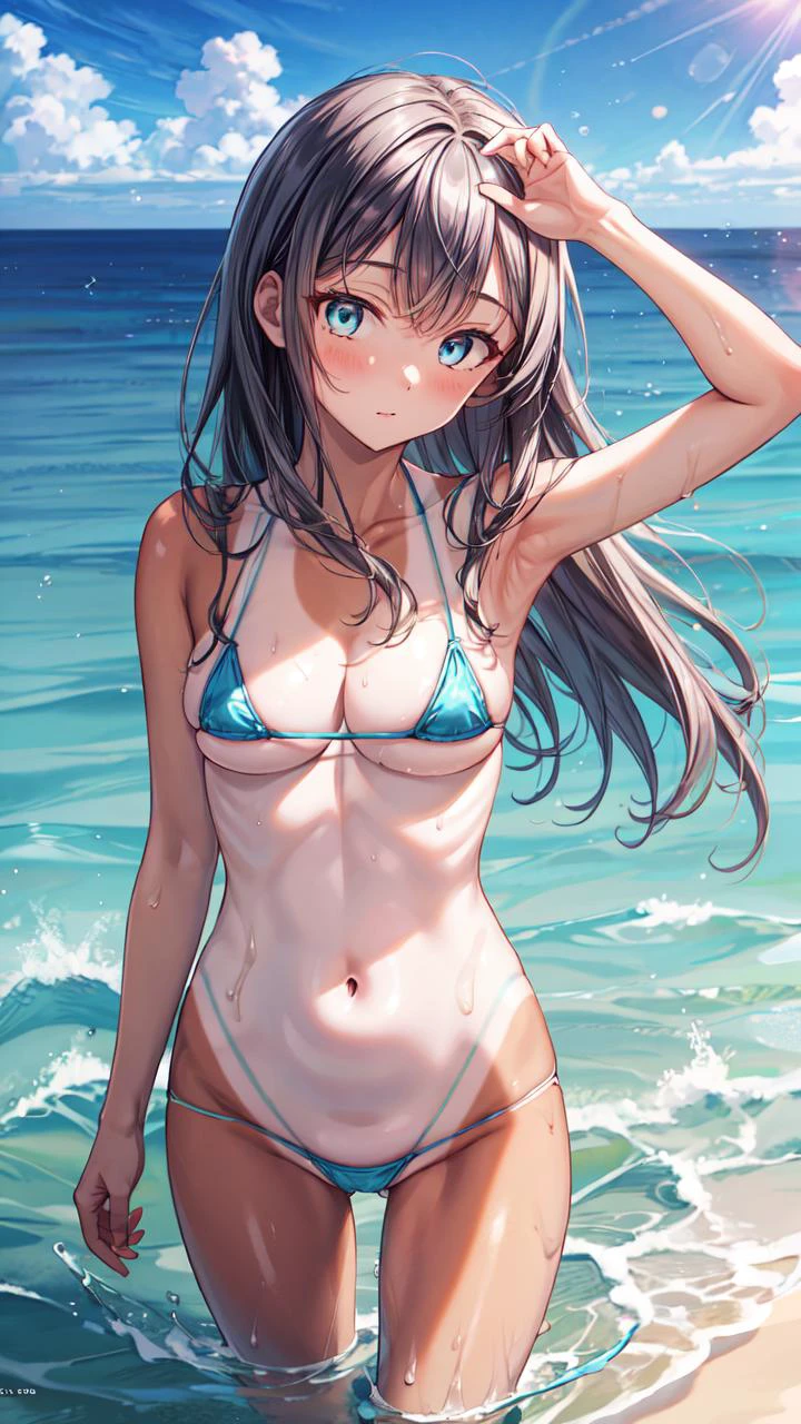 masterpiece,best quality,highres,illustration,hyper detailed,8k cg wallpaper,ray tracing,((black hair:1.2)),((long hair:1.2)),((blue eyes:1.2)),((straight hair:1.2)),medium breasts,(hiten1:0.8),<lora:add_detail:1>,((tan:1.1)),tanlines,(dark-skinned female:0.9),beach,micro bikini,<lora:MicroBikini_FefaAIart:1>,<lora:Concept_Tan:1>,bare arms,wading,ocean,