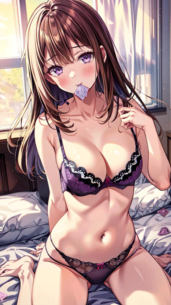 masterpiece,best quality,highres,illustration,hyper detailed,8k cg wallpaper,ray tracing,((brown hair:1.2)),((purple eyes:1.2)),((long hair:1.3)),((straight hair:1.3)),medium breasts,(hiten1:0.8),<lora:add_detail:1>,((condom in mouth:1.2)),((condom wrapper:1.2)),((lace-trimmed bra:1.2)),((lace-trimmed panties:1.2)),((underwear only:1.1)),wariza,on bed,blush,<lora:qqq-condom_in_mouth_v2:0.7>,