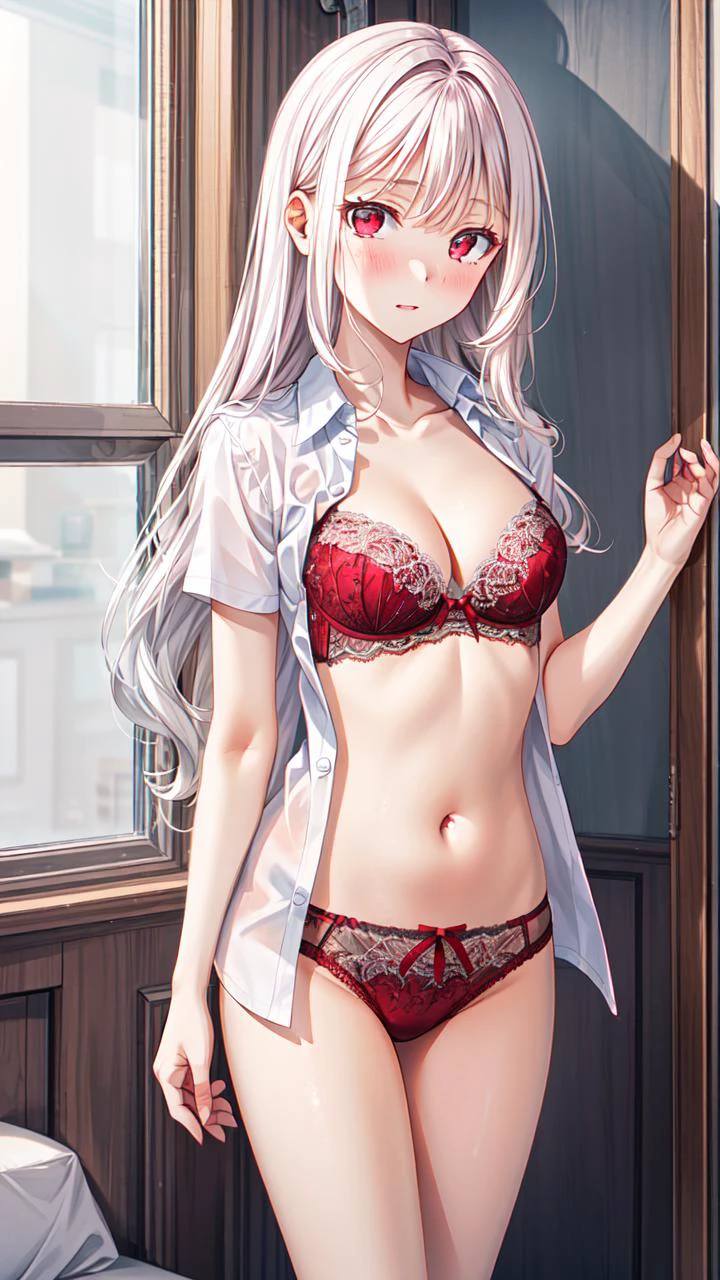 masterpiece,best quality,highres,illustration,hyper detailed,8k cg wallpaper,ray tracing,((white hair:1.2)),((long hair:1.2)),((red eyes:1.2)),((straight hair:1.3)),medium breasts,(hiten1:0.8),<lora:add_detail:1>,<lora:underwear_test2_SD15_V2:0.5>,((UW07:1.2)),1girl,underwear,solo,panties,bra,breasts,navel,pink bra,cleavage,pink panties,lingerie,lace,((bare arms:1.1)),((cowboy shot:1.2)),((full-face blush:1.1)),((white shirt:1.2)),((open shirt:1.2)),((short sleeves:1.2)),((collared shirt:1.1)),