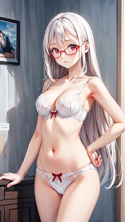 masterpiece,best quality,highres,illustration,hyper detailed,8k cg wallpaper,ray tracing,((white hair:1.2)),((long hair:1.2)),((red eyes:1.2)),((straight hair:1.3)),medium breasts,(hiten1:0.8),<lora:add_detail:1>,<lora:underwear_test2_SD15_V2:0.4>,UW02,1girl,underwear,solo,bra,panties,underwear only,cleavage,bow,lingerie,white bra,white panties,((bare arms:1.1)),((cowboy shot:1.2)),((glasses:1.1)),((standing:1.1)),