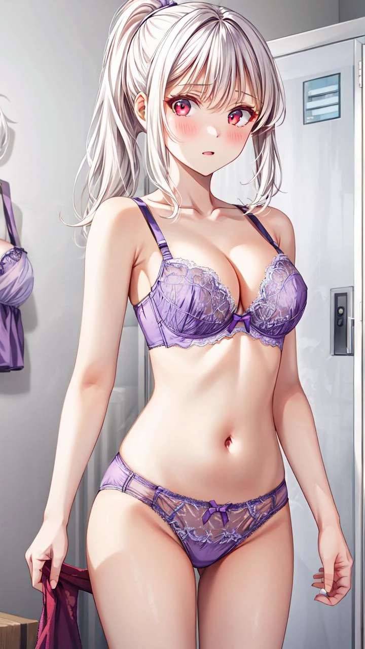 masterpiece,best quality,highres,illustration,hyper detailed,8k cg wallpaper,ray tracing,((white hair:1.2)),((long hair:1.2)),((red eyes:1.2)),((straight hair:1.3)),medium breasts,(hiten1:0.8),<lora:add_detail:1>,<lora:underwear_test2_SD15_V2:0.5>,UW03,1girl,underwear,solo,bra,panties,underwear only,((purple panties:1.2)),((purple bra:1.2)),cleavage,lingerie,((bare arms:1.1)),((cowboy shot:1.2)),((standing:1.1)),((ponytail:1.1)),((locker room:1.1)),((full-face blush:1.1)),<lora:locker_room_v0.1:1>,