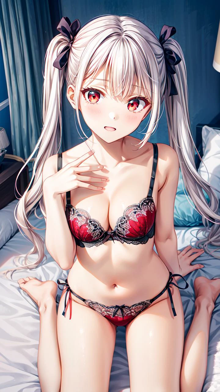 masterpiece,best quality,highres,illustration,hyper detailed,8k cg wallpaper,ray tracing,((white hair:1.2)),((long hair:1.2)),((red eyes:1.2)),((straight hair:1.3)),medium breasts,(hiten1:0.8),<lora:add_detail:1>,<lora:underwear_test2_SD15_V2:0.5>,UW08,1girl,solo,underwear,breasts,bra,panties,navel,cleavage,underwear only,side-tie panties,lingerie,((bare arms:1.1)),((wariza:1.1)),((on bed:1.1)),((twintails:1.2)),((from above:1.1)),