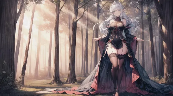 FS, an albino girl with perfect 10 features and long black Rapunzel-like hair, stands in a picturesque Avatar-like scene. Her body is graceful with a petite bust and slender legs. The girl looks stunning in a sheer organza dress with intricate designs. Her high-heeled shoes are elegant with golden patterns. The sunlight creates a subtle silhouette around her contours from the back, while soft and filling light illuminates her from the front. This scene has photorealistic qualities and is a concept art that creates a wow effect of:2. It can be found on the website 500px with hyper-superior details of:2. --auto --s2