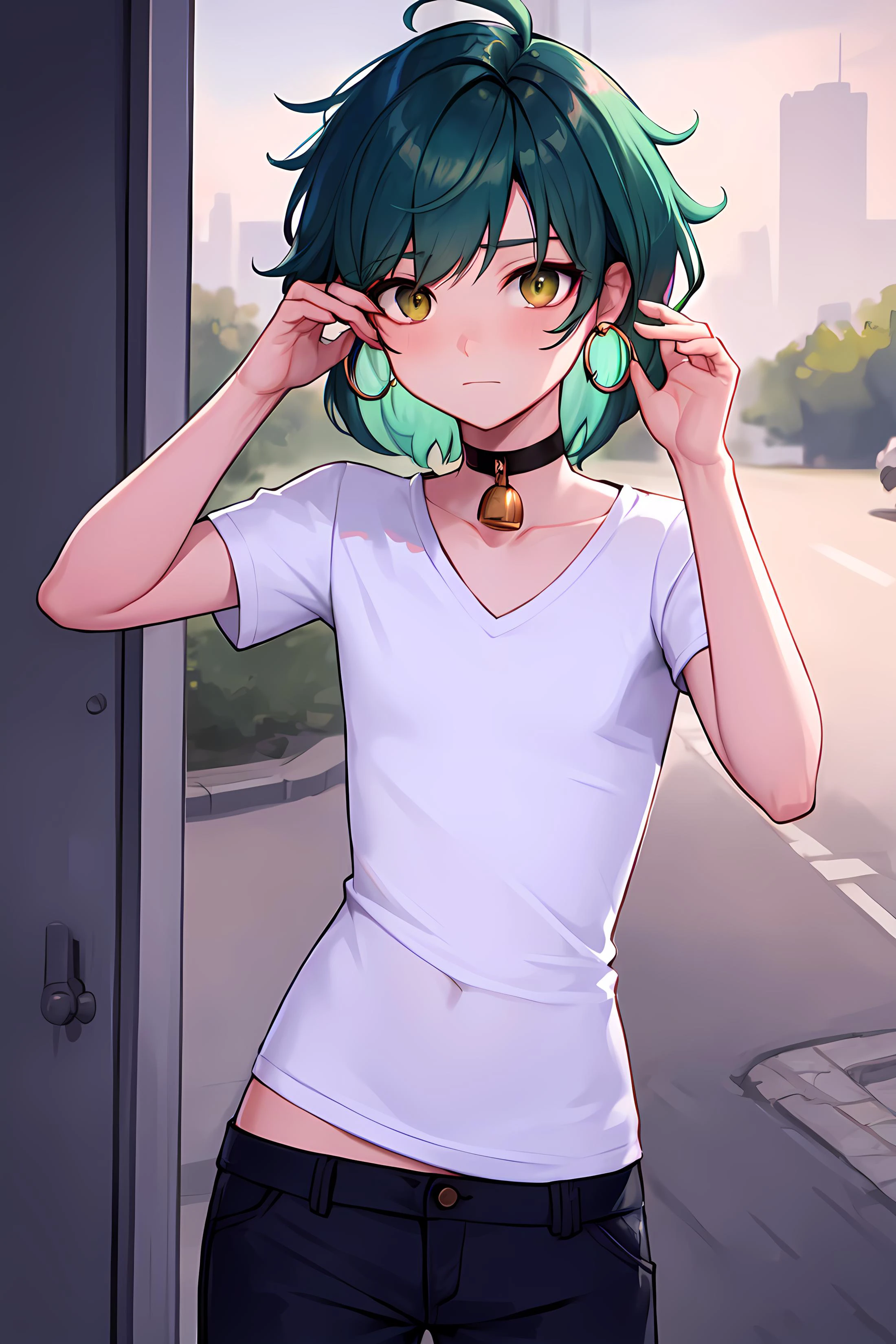 masterpiece, best quality, 1boy, Ray tracing, hdr, volumetric lighting, solo,
Hands on the face peeking through fingers,
Green and Blue hair, Messy Textured Hair, playful Golden Copper eyes, small hoop earrings, choker,
athletic, flat chest, medium waist, narrow hips, Henley Shirt, Cargo shorts, <lora:KTF_01:1>