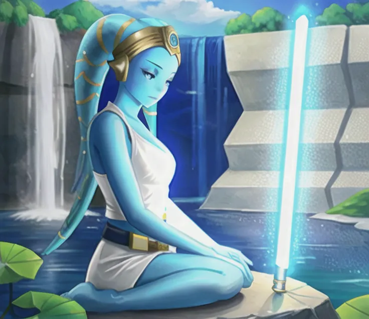 1girl, twilek, blue_eyes, (blue_skinned), sitting in a lotus position, white_and_gold_robes, meditating, waterfall, blue_lightsaber