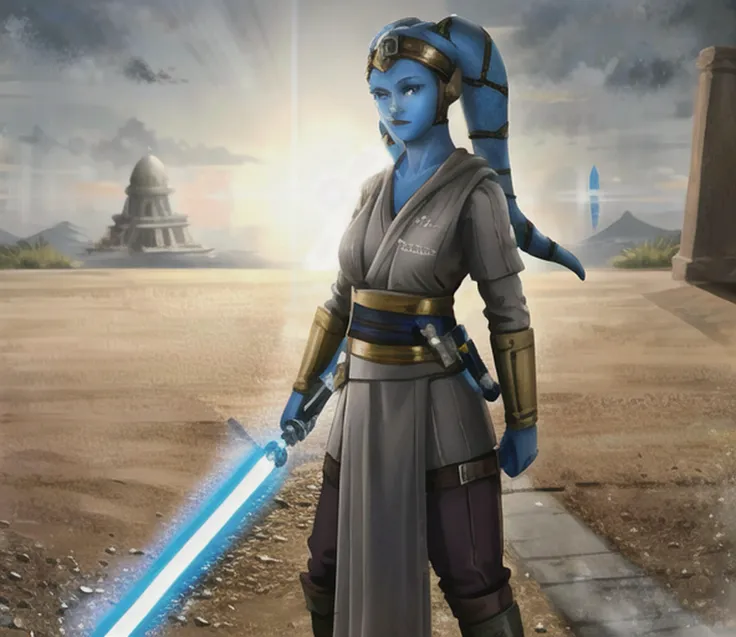 1girl, twilek, blue_eyes, blue_skinned, in grey_and_gold_jedioutfit,  ancient_underground_temple, standing, white_lightsaber