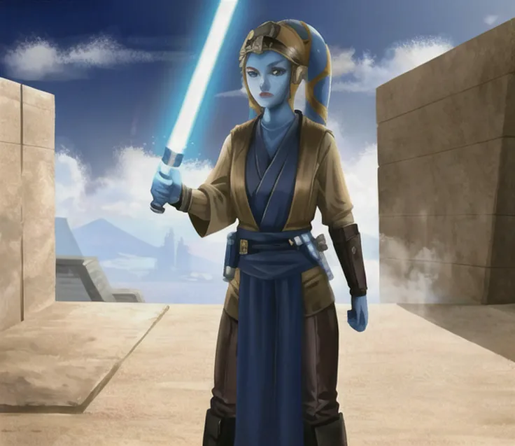 1girl, twilek, blue_eyes, blue_skinned, in grey_and_gold_jedioutfit,  ancient_underground_temple, standing, white_lightsaber