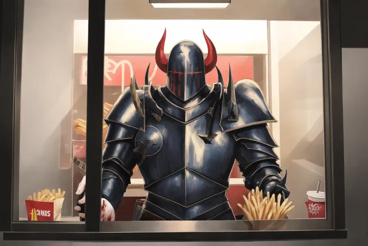 chaos warrior in the drive-thru window, (masterpiece), absurdres, (absurdly detailed:1.2), undivided, 2D, solo, best quality, dirty, bloodstained, <lora:chaoswarrior:1>, dirty armor, satanic, close-up, holding out a bag of fries,
<lora:Drive-Thru Window Operator:0.7>