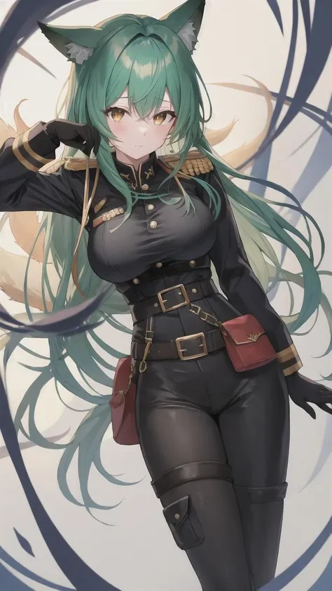 1girl, animal ears, black gloves, fox ears, fox tail, gloves, green hair, green tail, black helmet, large tail, long hair, multiple tails, pantyhose, pouch, solo, tail, trigger discipline, ((masterpiece)), (best quality), (black military uniform:1.3), (from aside:1.3), from left aside, 3 fox tail, hand on own breast, left hand on own breast, black shirt, black pants, looking at viewer