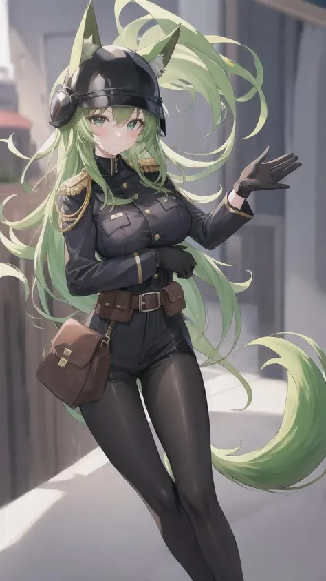 1girl, animal ears, black gloves, fox ears, fox tail, gloves, green hair, green tail, black helmet, large tail, long hair, multiple tails, pantyhose, pouch, solo, tail, trigger discipline, ((masterpiece)), (best quality), (black military uniform:1.3), (from aside:1.3), from left aside, 3 fox tail, hand on own breast, left hand on own breast, black shirt, black pants, looking at viewer