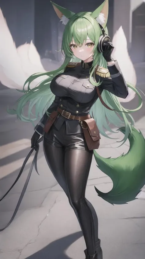 1girl, animal ears, black gloves, fox ears, fox tail, gloves, green hair, green tail, black helmet, large tail, long hair, multiple tails, pantyhose, pouch, solo, tail, trigger discipline, ((masterpiece)), (best quality), (black military uniform:1.3), (from aside:1.3), from left aside, 3 fox tail, hand on own breast, left hand on own breast, black shirt, black pants, looking at viewer