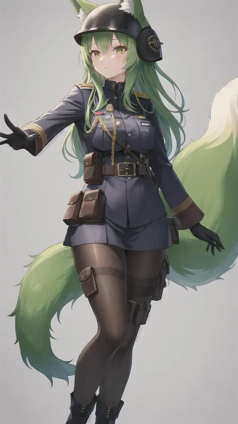 1girl, animal ears, black gloves, fox ears, fox tail, gloves, green hair, green tail, helmet, large tail, long hair, multiple tails, pantyhose, pouch, solo, tail, trigger discipline, ((masterpiece)), (best quality), (black military uniform:1.3), from aside, from left aside, 3 fox tail