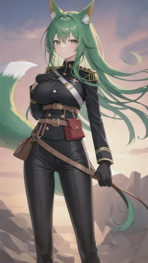 1girl, animal ears, black gloves, fox ears, fox tail, gloves, green hair, green tail, black helmet, large tail, long hair, multiple tails, pantyhose, pouch, solo, tail, trigger discipline, ((masterpiece)), (best quality), (black military uniform:1.3), (from aside:1.3), from left aside, 3 fox tail, hand on own breast, left hand on own breast, black shirt, black pants, looking at viewer