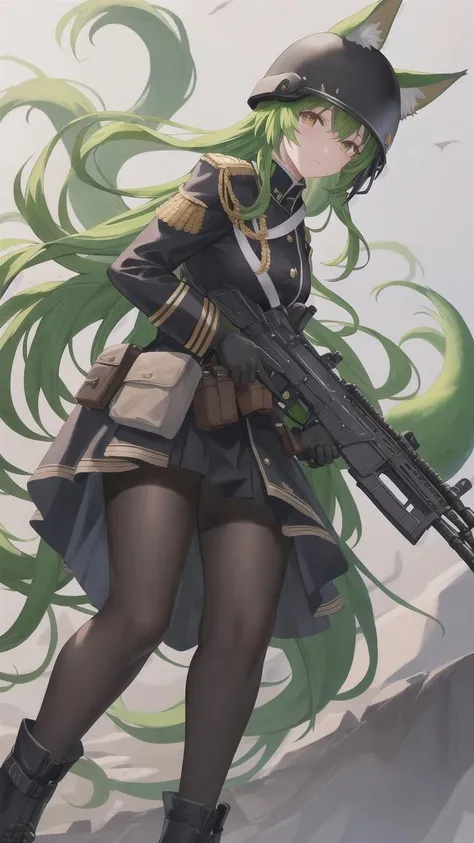 1girl, animal ears, assault rifle, black gloves, fox ears, fox tail, gloves, green hair, green tail, gun, helmet, large tail, long hair, multiple tails, pantyhose, pouch, solo, tail, trigger discipline, ((masterpiece)), (best quality), (black military uniform:1.3), from aside, from left aside, 3 fox tail