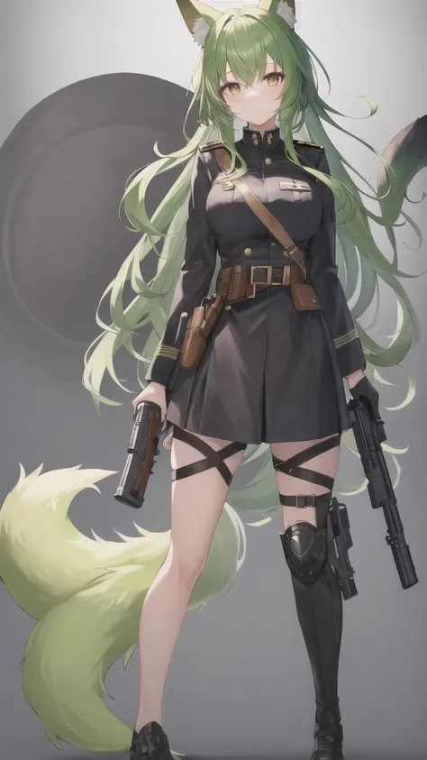 ((masterpiece)), (best quality), fox girl, 1girl, long hair, green hair, tail, 3 tail, fox tail, green tail, from aside, from right aside, brown eyes, animal ear, fox ear, black military uniform, gun, gun in hands, black helmet, transparent background