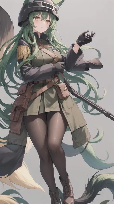 1girl, animal ears, black gloves, fox ears, fox tail, gloves, green hair, green tail, helmet, large tail, long hair, multiple tails, pantyhose, pouch, solo, tail, trigger discipline, ((masterpiece)), (best quality), (black military uniform:1.3), from aside, from left aside, 3 fox tail