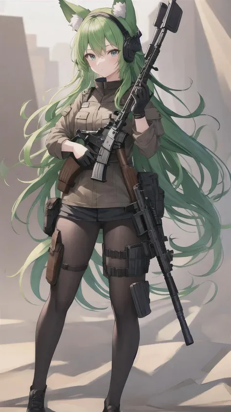 1girl, animal ears, assault rifle, black gloves, fox ears, fox tail, gloves, green hair, green tail, gun, helmet, holding gun, large tail, long hair, m4 carbine, multiple tails, pantyhose, pouch, rifle, scope, solo, suppressor, tail, trigger discipline, weapon, ((masterpiece)), (best quality), black military uniform, from aside, from left aside