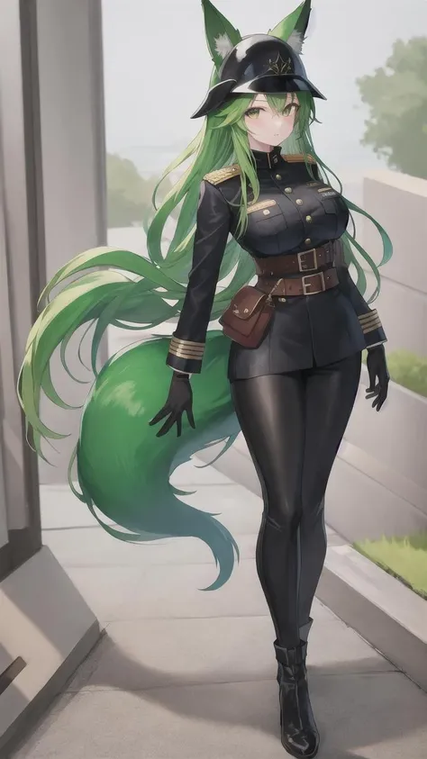 1girl, animal ears, black gloves, fox ears, fox tail, gloves, green hair, green tail, black helmet, large tail, long hair, multiple tails, pantyhose, pouch, solo, tail, trigger discipline, ((masterpiece)), (best quality), (black military uniform:1.3), (from aside:1.3), from left aside, 3 fox tail, hand on own breast, left hand on own breast, black shirt, black pants, looking at viewer