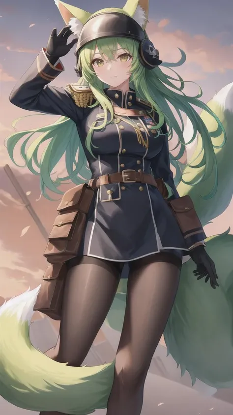 1girl, animal ears, black gloves, fox ears, fox tail, gloves, green hair, green tail, helmet, large tail, long hair, multiple tails, pantyhose, pouch, solo, tail, trigger discipline, ((masterpiece)), (best quality), (black military uniform:1.3), from aside, from left aside, 3 fox tail