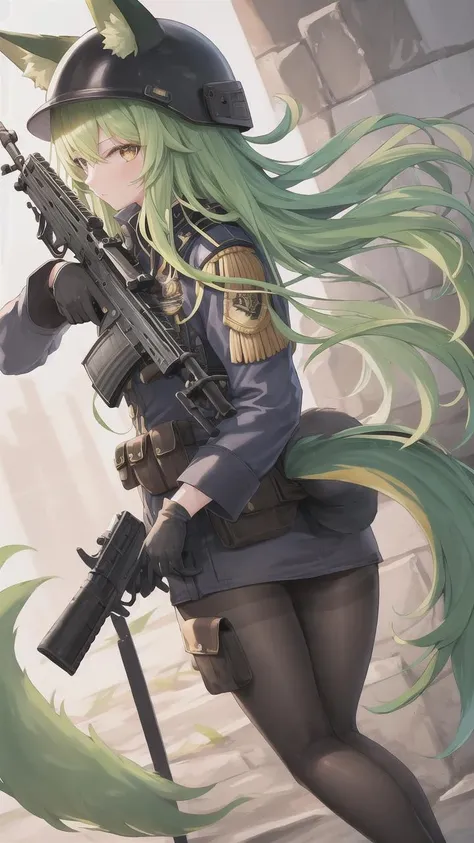 1girl, animal ears, assault rifle, black gloves, fox ears, fox tail, gloves, green hair, green tail, gun, helmet, large tail, long hair, multiple tails, pantyhose, pouch, solo, tail, trigger discipline, ((masterpiece)), (best quality), (black military uniform:1.3), from aside, from left aside, 3 fox tail