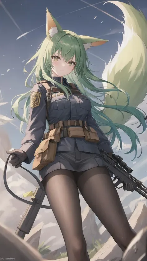 1girl, animal ears, assault rifle, black gloves, fox ears, fox tail, gloves, green hair, green tail, gun, helmet, holding gun, large tail, long hair, m4 carbine, multiple tails, pantyhose, pouch, rifle, scope, solo, suppressor, tail, trigger discipline, weapon, ((masterpiece)), (best quality), black military uniform, from aside, from left aside, 3 fox tail