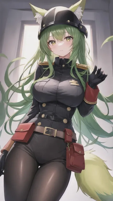 1girl, animal ears, black gloves, fox ears, fox tail, gloves, green hair, green tail, black helmet, large tail, long hair, multiple tails, pantyhose, pouch, solo, tail, trigger discipline, ((masterpiece)), (best quality), (black military uniform:1.3), (from aside:1.3), from left aside, 3 fox tail, hand on own breast, left hand on own breast, black shirt, black pants, looking at viewer