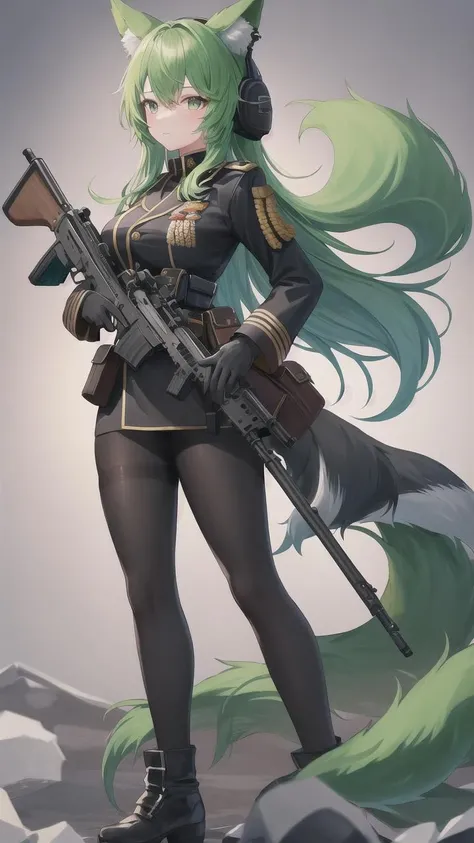 1girl, animal ears, assault rifle, black gloves, fox ears, fox tail, gloves, green hair, green tail, gun, helmet, large tail, long hair, multiple tails, pantyhose, pouch, solo, tail, trigger discipline, ((masterpiece)), (best quality), (black military uniform:1.3), from aside, from left aside, 3 fox tail