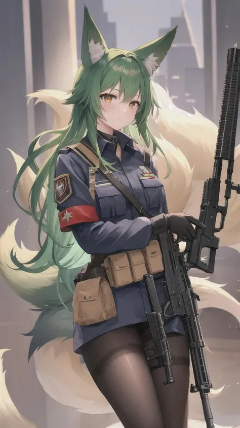 1girl, animal ears, assault rifle, black gloves, fox ears, fox tail, gloves, green hair, green tail, gun, helmet, holding gun, large tail, long hair, m4 carbine, multiple tails, pantyhose, pouch, rifle, scope, solo, suppressor, tail, trigger discipline, weapon, ((masterpiece)), (best quality), black military uniform, from aside, from left aside, 3 fox tail