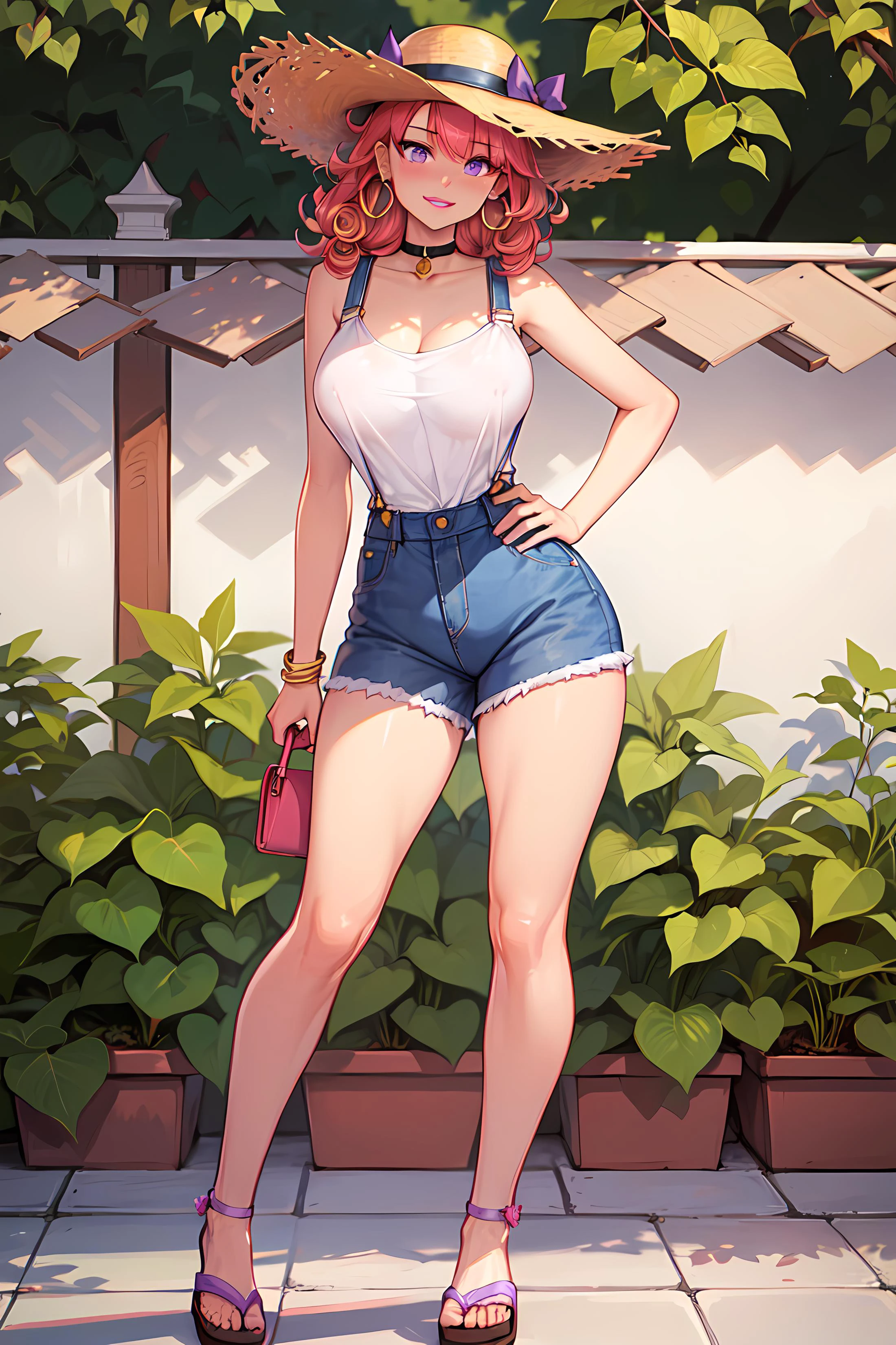 masterpiece, best quality, 1girl, futanari, Ray tracing, hdr, volumetric lighting,
Standing with one hand on the hip the other arm extended,
Red and copper two-tone hair hair, Curly Bob, big hair, playful Lilac Pink eyes, golden hoop earrings, choker, thick lips,
athletic, medium breasts, narrow shoulders, narrow waist, very wide hips, covered nipples, bulge, Denim overalls with a cute top underneath, a straw hat, and sandals for a summery look, <lora:KTF_10:1>, <lora:KTF_01:-0.9>, mature female