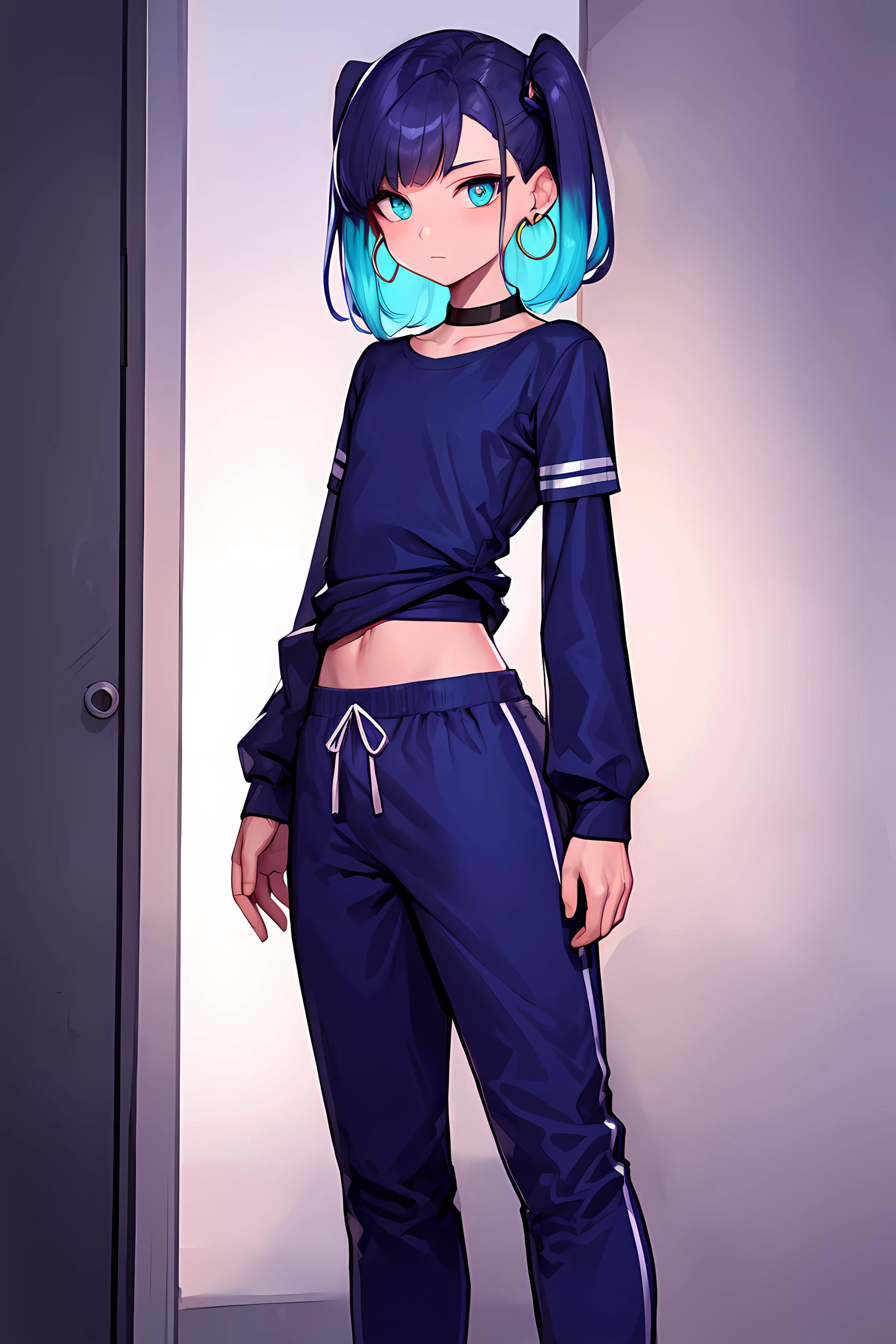 masterpiece, best quality, 1boy, Ray tracing, hdr, volumetric lighting, solo,
Standing with arms crossed,
Purple and turquoise balayage hair, Long Comb Over, playful Indigo eyes, small hoop earrings, choker,
athletic, flat chest, medium waist, narrow hips, Long-Sleeve T-Shirt, Joggers, <lora:KTF_01:1>