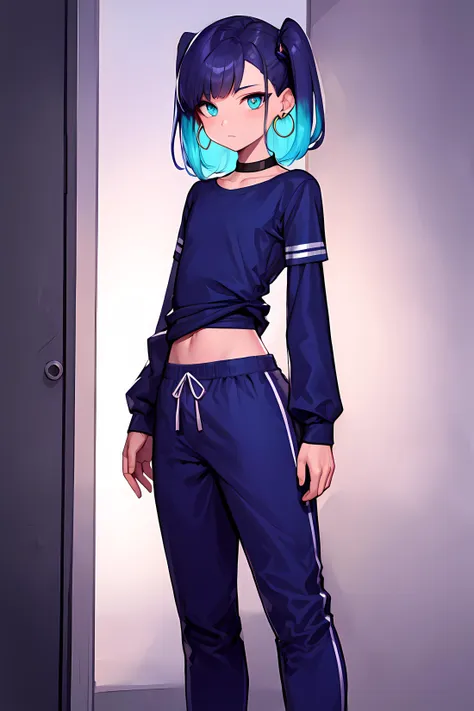 masterpiece, best quality, 1boy, Ray tracing, hdr, volumetric lighting, solo,
Standing with arms crossed, 
Purple and turquoise balayage hair, Long Comb Over, playful Indigo eyes, small hoop earrings, choker,
athletic, flat chest, medium waist, narrow hips, Long-Sleeve T-Shirt, Joggers, <lora:KTF_01:1>