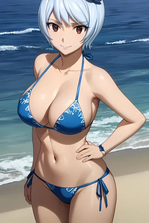 masterpiece, absurdres , (intricate details), (colorful),cinematic lighting,bust shot,extremely detailed CG unity 8k wallpaper, <lora:yukinoagria:1> yukinoagria, beach, sand, ocean, side-tie bikini bottom, o-ring, hand on hip, floating hair, smile, looking at viewer,