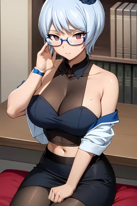 masterpiece, absurdres , (intricate details), (colorful),cinematic lighting,bust shot,extremely detailed CG unity 8k wallpaper, <lora:yukinoagria:1> yukinoagria, looking at viewer, choker, crossed legs, sitting, office lady, large breasts,white shirt,open clothes,off shoulder, navel, pantyhose, black-framed eyewear, adjusting eyewear, collarbone, blush, pencil skirt ,blue bra, desk,sweat, sunlight