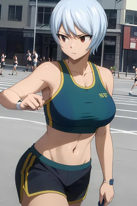 masterpiece, absurdres , (intricate details), (colorful),cinematic lighting,bust shot,extremely detailed CG unity 8k wallpaper, <lora:yukinoagria:1> yukinoagria, sports bra,shorts, sportswear, outdoors,park, sunlight, exercise