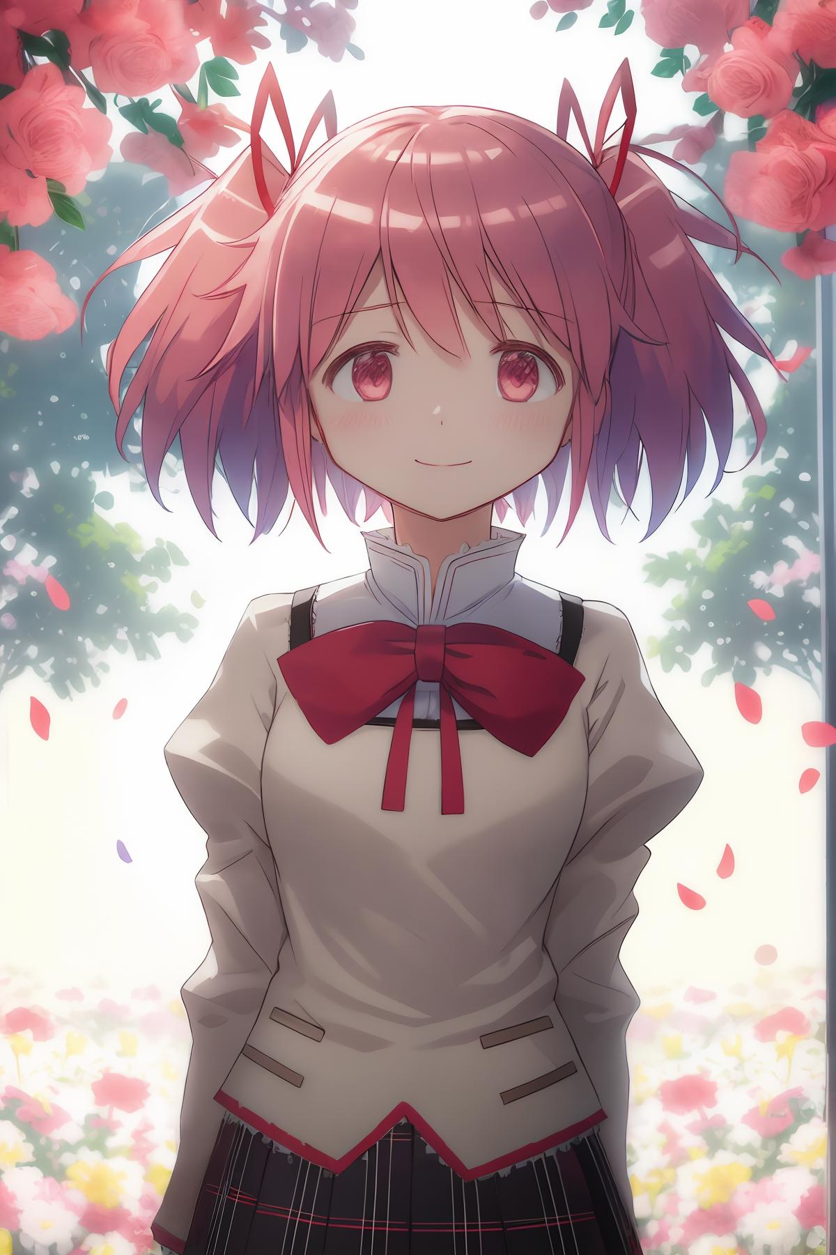 Anime girl with pink hair and red bow standing in front of flowers ...