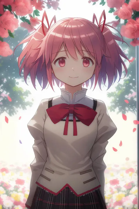 Grey background, ((masterpiece)), ((best quality)), (perfect composition), (prefect anatomy), prefect lighting, high-res, extremely detailed, dynamic angle, absurdres, 1girl, solo, cowboy shot, portrait, short hair, pink hair, short twintails, hair red ribbon, flowers, sidelocks, bangs, pink eyes, mitakihara school uniform, puffy detached sleeves, red bow, pleated skirt, plaid skirt, (zettai ryouiki), white thighhighs, loafers, depth of field, (floral background), flowers garden, smile, looking at the viewer, fantasy, enchanting expressionless, (detailed faces description), (detailed eyes description), seductive, outdoors, nature, advanced cg, octane rendering, huge file size, colorful contrast.
<lora:Kaname Madoka(pmmm):1> <lora:rainbow:0.35>