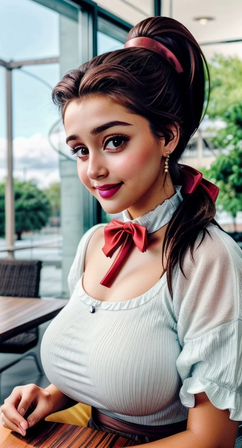 <lora:DisneyBelle:0.8> disneybelle, brown hair, brown eyes, makeup, blush, lipstick, ponytail, hair bow, earrings, (detailed eyes:0.8), (detailed lips:0.8), textured skin, hourglass figure, (photorealistic:1.5), (vibrant colors, 8k, high quality, shot on Fujifilm X-T4, 1/200, f16, ISO 1250), <lora:epiCRealismHelper:0.99>, <lora:add_detail:0.8>, <lora:breastsizeslideroffset:0.4>, <lora:Sagging Breasts v1:1.4>, sagging breasts, gigantic breasts, <lora:CONCEPT_pov_dating_ownwaifu-15:1> concept_pov_dating_ownwaifu, pov across table, sitting, blush, smile, cake on table, posh cafeteria