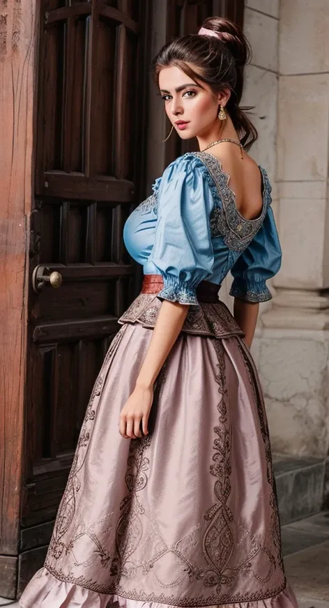 <lora:DisneyBelle:0.8> disneybelle, brown hair, brown eyes, makeup, (blush:1.1), lipstick, ponytail, hair bow, earrings, necklace, jewelry, textured skin, hourglass figure, (photorealistic:1.5), (8k, high quality, shot on Fujifilm X-T4, 85mm f1.2), <lora:epiCRealismHelper:0.99>, <lora:add_detail:0.8>, <lora:Sagging Breasts v1:1.5> cleavage, sagging breasts, huge breasts, large breasts, gigantic breasts, (extremely detailed intricate dress:1.3), (long skirt:1.4), puffy sleeves