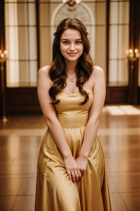 cinematic film still (((full body photo))) of 21 yo girl, disneybelle, smiling, long brown hair, yellow dress, elbow gloves, jewelry, bare shoulders, (looking at viewer:1.1), <lora:backlight_slider_v10:1.2>, <lora:epiCRealismHelper:1> <lora:skin_tone_slider_v1:-1>, 8K, 16k, uhd, dslr, best quality, high quality, realistic, photo-realistic, ultra-detailed. <lora:DisneyBelle:0.9> . shallow depth of field, vignette, highly detailed, high budget, bokeh, cinemascope, moody, epic, gorgeous, film grain, grainy