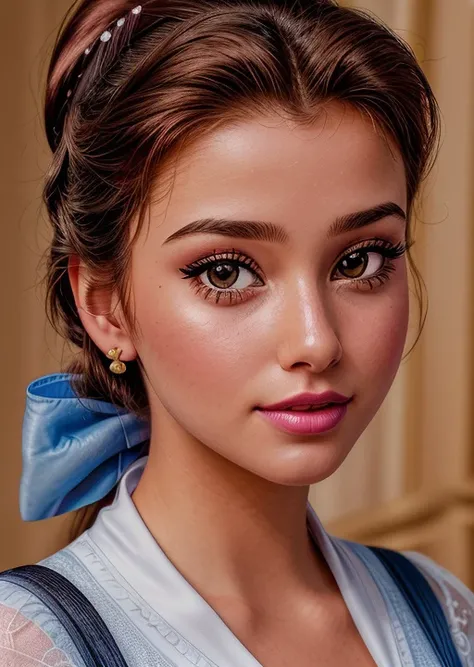 close up portrait of <lora:DisneyBelle:1.0> disneybelle, makeup, ponytail, hair bow, earrings, extremely photogenic girl, (detailed lips:0.8), (detailed eyes:0.8), blush, (photorealistic:1.2), (8k, high quality, shot on Fujifilm X-T4, 85mm f1.2), textured skin, <lora:epiCRealismHelper:0.99>, <lora:add_detail:0.8>